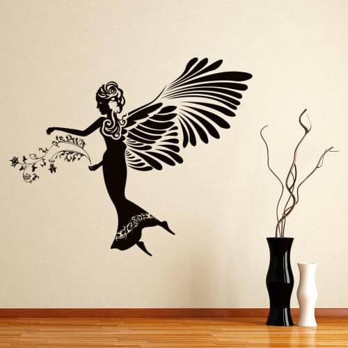 Angel Girl Wall Decal Flowers Elegant Wings Art Mural Girls Bedroom Nursery Interior Decor Vinyl Glass Stickers Kids Gift M882