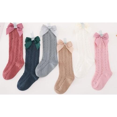 0-8Yrs girls knee high long socks toddler baby cotton mesh ribbon bowknot side design booties socks princess girls dacing socks
