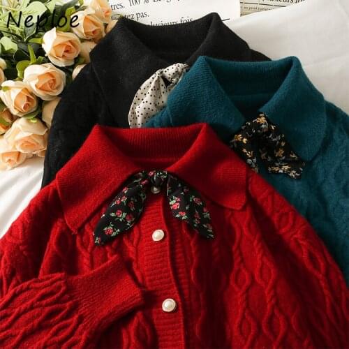 Neploe 2021 New Autumn Floral Bowknot Sweater Jackets Women Single-breasted Cardigan Female Linen Pattern Long-sleeve Knit Coats