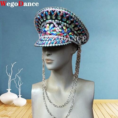 New Women Rhinestone Festival Captain Hat Military Rave Halloween Crystal Costume