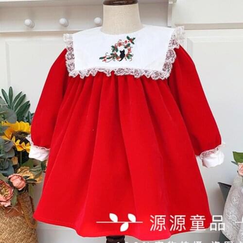 Autumn winter baby girls vintage velvet Lolita dress kids Spanish cat embroidery ball gown Christmas party birthday princess dre