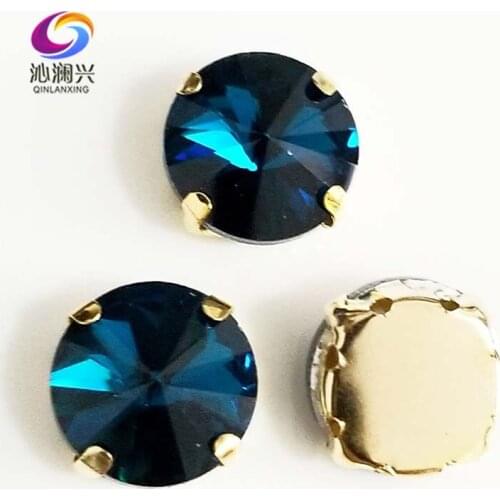 Peacock blue round shape golden bottom AAA Glass Crystal sew on claw rhinestones with holes,Diy Clothing accessories SWRG13