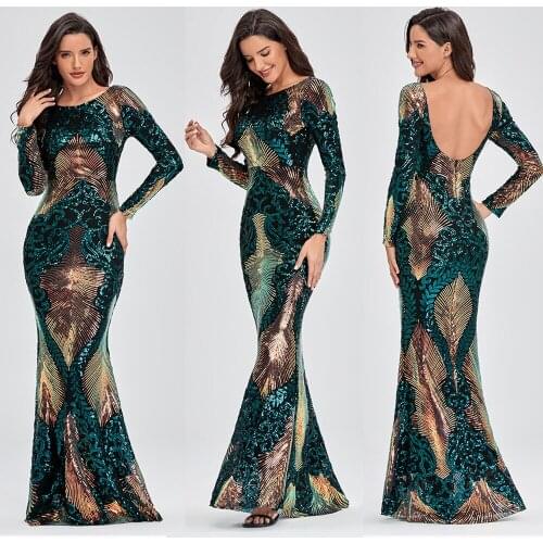 Elegant Womens Evening Dresses High Waist Long Sleeve Sequined Prom Gowns Floor Length Plus Size Mermaid Special Occasion Dress