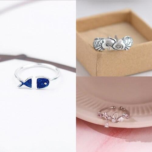 925 Sterling Silver Pin Pisces Blue Opening Adjustable, Small Fish Inlaid with Gem and Other Exquisite Fashion Rings