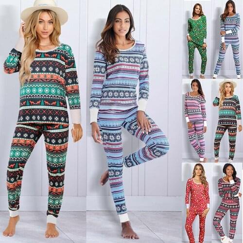 AECU Christmas Costume Printed Sleepwear Long Sleeve Shirt Long Pants Casual Pajamas Women Suit Set Home Sleep Underwear