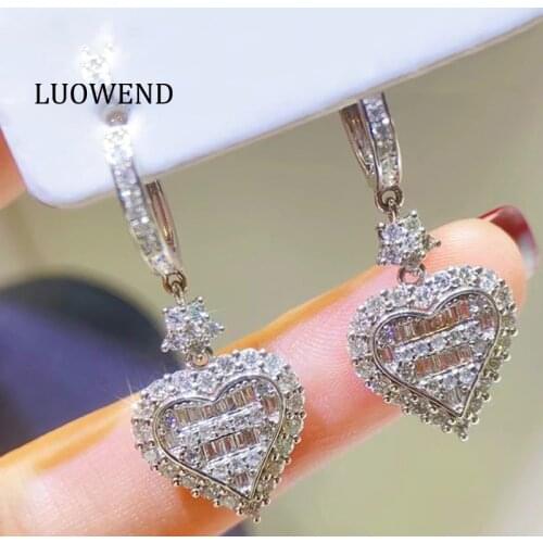 LUOWEND Real 18K Solid White Gold Hoop Earrings Female Diamond Earring Engagement Party Jewelry Heart Shape Design Loveing