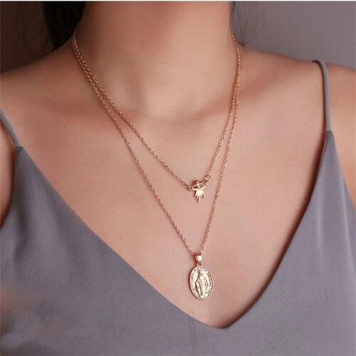 Vintage Fashion Boho Gold Silver Color Scarecrow Oval Jesus Portrait Pendant Necklace For Women Multilevel Choker Chain Jewelry