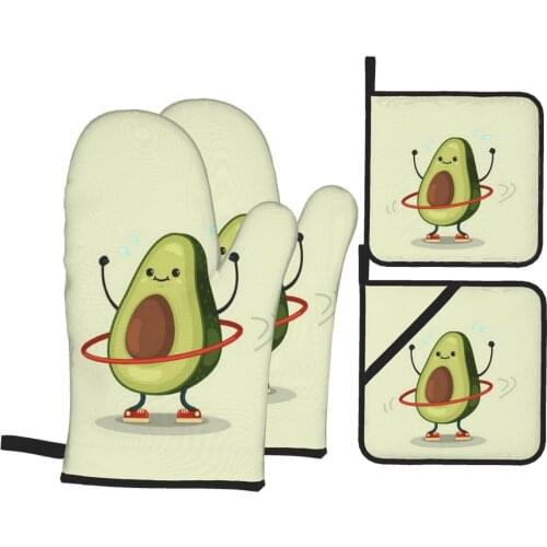 Waterproof Heat-Resistant Gloves Cooking Barbecue Gants 4Sets Kitchen Microwave Mittens Oven Home Cute Avocado Prints Drop ship