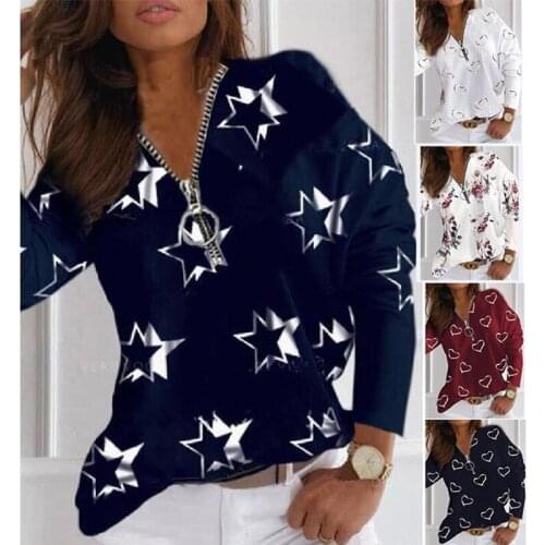 Hot Autumn Women V Neck Zipper Print Long Sleeve T-shirt Tops Causal Loose Elegant Fashion 2021 Pullover Streewear Female Shirts