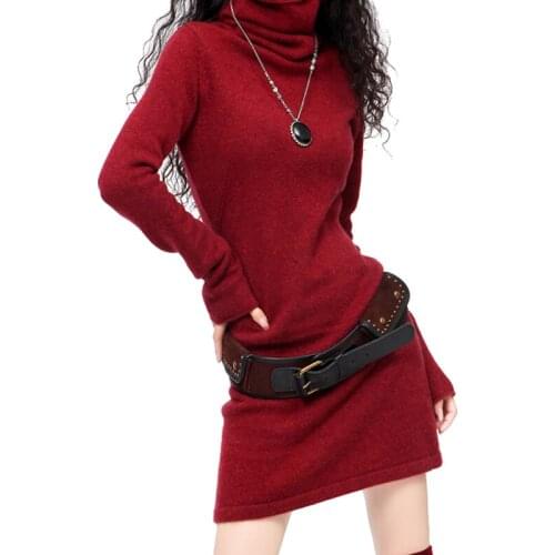 Womens Long Flare Sleeve Cashmere Wool Turtleneck Vintage Sweater Dress Women Winter Black White Red Chinese Warm Casual Dress