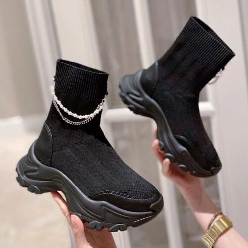 2021 New Breathable Ankle Boots Women Platform Shoes Fashion High Top Casual Sneakers Women Knitted Stretch Slip on Socks Boots