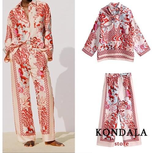 KONDALA Za 2021 Women Suits Boho Stain Oversized Long Shirts and High Waist Wide Leg Pants Floral Print 2 Pieces Suits