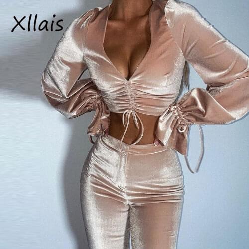 XLLAIS Velvet Ruched New Style Party Light Pink Pants Sets Women Sexy Soft Long Sleeve V-Neck Tank Tops High Waist Flare Trouser