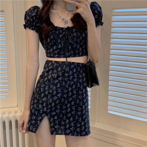 Women Short Skirts Set Vintage Printed Puff Sleeve Short Top Shirts Split Floral Mini Skirt Summer New Two Pieces Skirt Suit