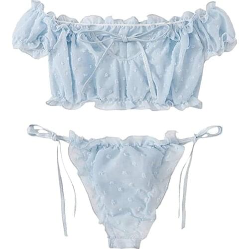 2PCS/Set Off Shoulder Lace Up Bikinis Women Sweet Casual Short Sleeve Suits Swimsuits Beachwear Bathing Suits Sexy Bikini