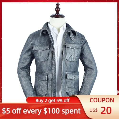 2021 Vintage Grey Genuine Leather Jacket Men Safari Style Plus Size 5XL Real Natural Cowhide Autumn Slim Fit M65 Coat