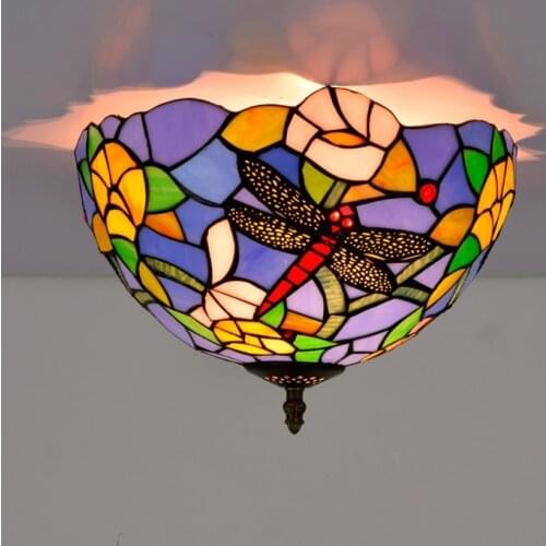 30cm European Countryside Dragonfly Tiffany Colored Glass Hallway Corridor Bathroom Glass Ceiling Lamp