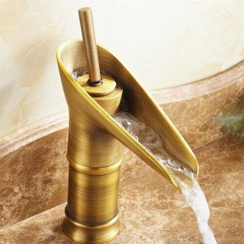 Antique Brass Bathroom Waterfall Faucet Vessel Sink Faucet Single Handle One Hole Deck Mounted KD1269