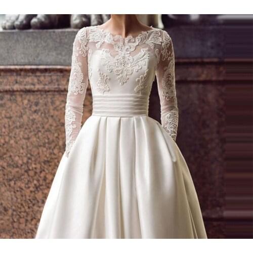 YNQNFS champagne long bride dress 2020 floor length scoop satin applique A line wedding dress with pocket Vestidos de Novia