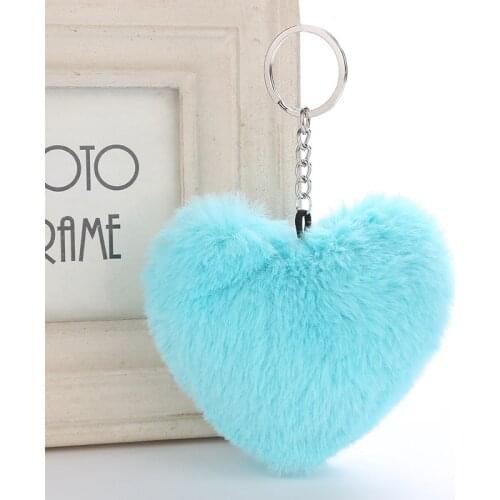 Fluffy Pompom Keychain Soft Solid Color Heart Shape Pompom Faux Rabbit Fur Ball Car Handbag Key Ring Gift Accessories 7 Colors