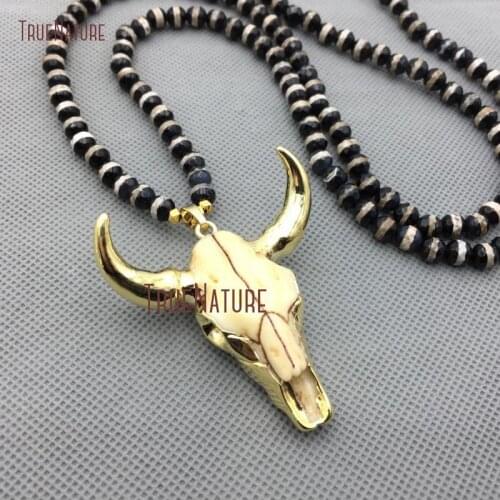 Natural Tibetan Dzi Agates Beads Handmade Pure Gold Color Bull Head Necklace Resin Pendant Necklace In 32 Inch NM4302