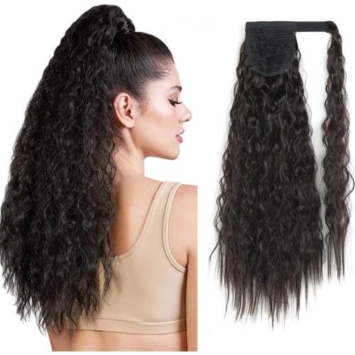 Long Ponytail Extensions for Black Women Synthetic 22" Curly Wrap Around Black Ponytail Corn Wave Ponytail Hairpiece Magic Paste