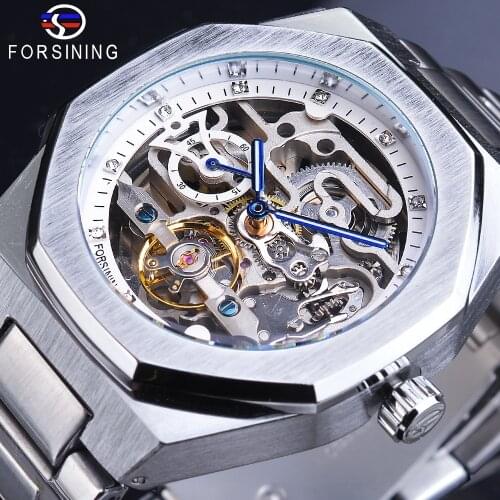 Forsining Men Mechanical Wristwatches Silver Automatic Watch Male Tourbillon Skeleton Watches Luminous Clock Relogio Masculino