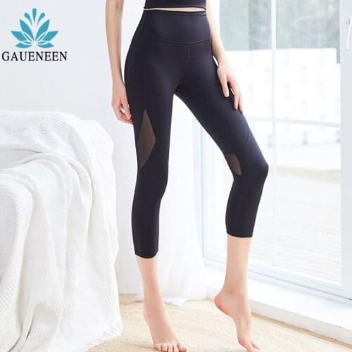GAUENEEN Black Mesh 3/4 Yoga Pants Running Leggings Workout Pants Capris Women Fitness Gym Sport Tights High Waist Legging