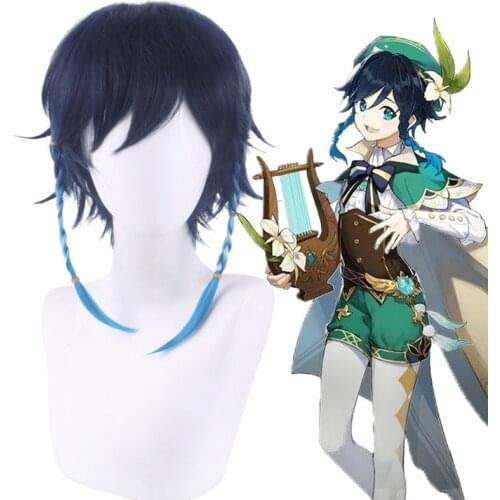 Genshin Impact Venti Cosplay Unisex Blue Wig Cosplay Anime Venti Cosplay Genshin Wig Heat Resistant Synthetic Wigs Halloween