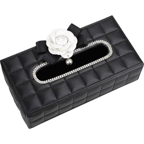 Camellia Car Tissue Box Rhinestone Crystal Auto Tissue Holder Block-type Tissue Paper Box Hanging Car Styling Girls Accessories