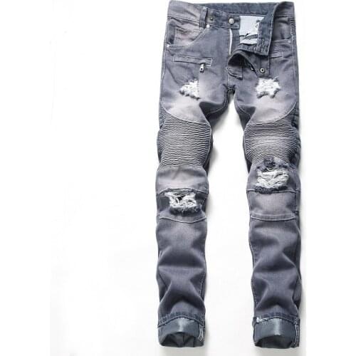 Mens Pleated Biker Jeans Pants straight Slim Fit Brand Designer Motocycle Denim Trousers For Male Washed Retro Ripped Jeans