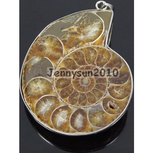 Natural Ammonite Fossil Snail Gems Stone Silver Plated Pendant Charm Beads 35mm Necklace Earrings Jewelry 10Pcs/Pack