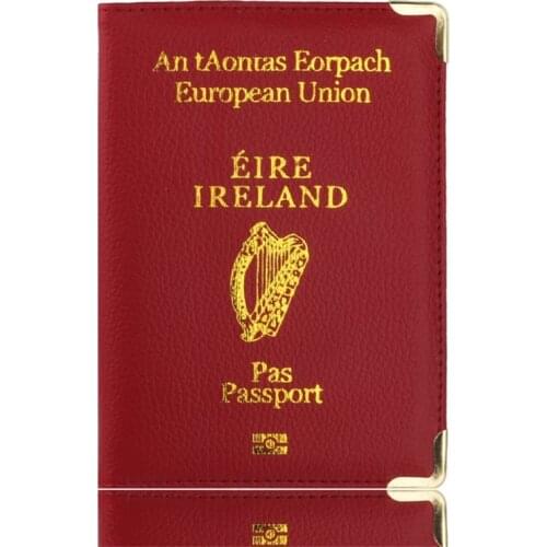 New Litchi Pattern European Union Ireland Leather Passport Cover Women Holder with Copper Angle Credit Card Document Holder