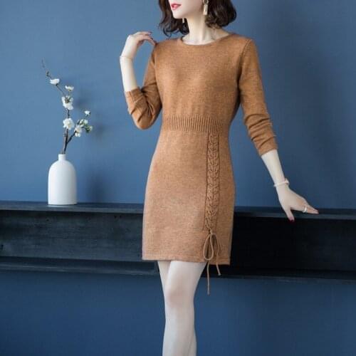 New Fashion Medium Long Wool Dress Womens Autumn Winter Round Neck Long Sleeve Slim Fitting Sweater Warm Solid Dress