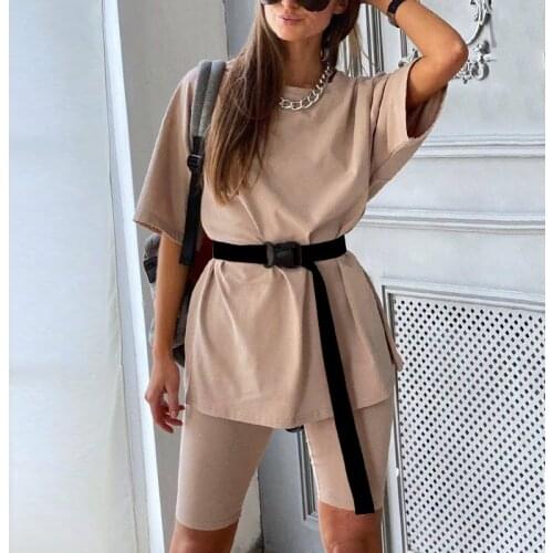 Casual solid new womens two piece suit belt solid color home loose sports fashion leisure suit summer over size ladies suits