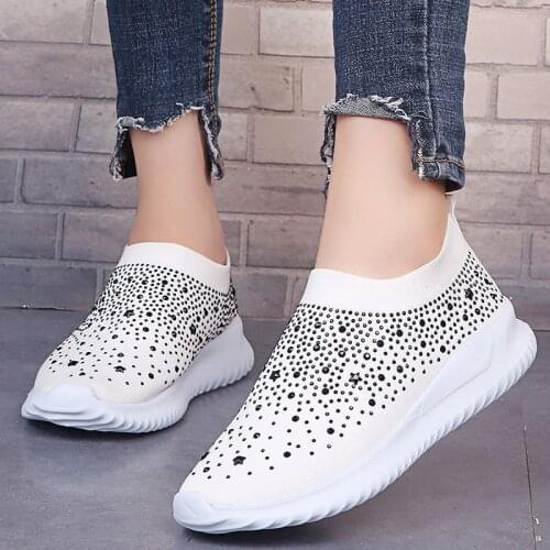 Crystal Sneakers Women Ankle Shoes Flat Loafers Slip On Breathable Casual Shoes Casual White Tenis Feminino Zapatos De Mujer
