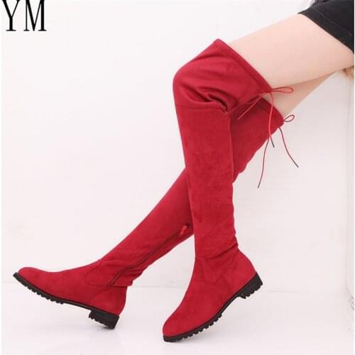 Side zip Thigh High Boots Female Winter Boots Women Over the Knee Boots Flat Stretch Sexy Fashion Shoes New Lace-up Riding Boots