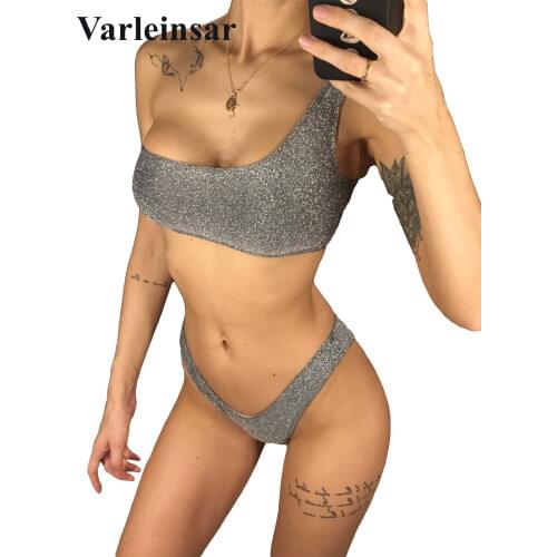 Shiny Glitter Sparkling Bikini 2021 Swimsuit Female Swimwear Women Two-pieces Bikini set One Shoulder Bather Bathing Suit V1238