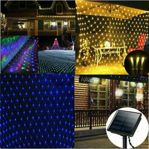 Solar Powered LED Net Mesh String Light 1.1X1.1M / 3x2M Wedding Window Curtain Fairy Lights Waterprooof Outdoor Garden Lamps