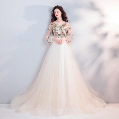 Evening Dresses Illusion O-Neck Full Appliques Beading Pearls Embroidery Tulle Lace Light Champagne Lady Formal Party Gown TS098