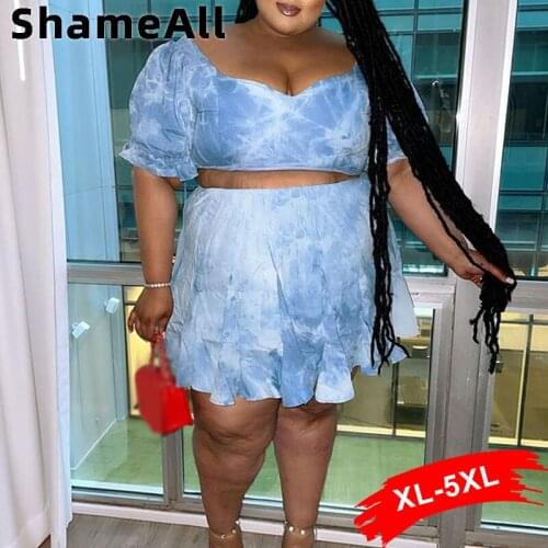 Plus Size Die Dye Print Skirt 2 Two Pieces Sets 4XL Summer Square Cut Collar Crop Tops Skate Pleated Mini Skirts 2 Piece Outfits