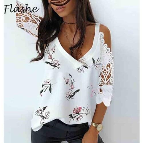 2021 Spring Summer Women Shirt Sexy V Neck Lace Shirt Ladies Cold Shoulder Casual Half Sleeve Summer T-shirt Plus Size