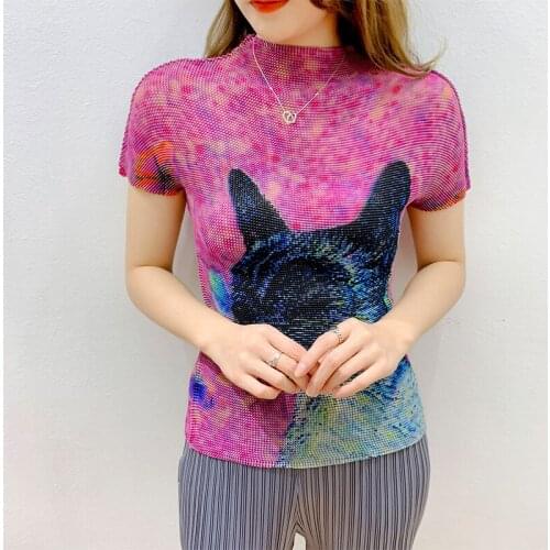 Miyake Pleated Shirt Women 2021 fashion Spring New Printed Cat Top Aesthetic Animal Art Indie Clothes C13