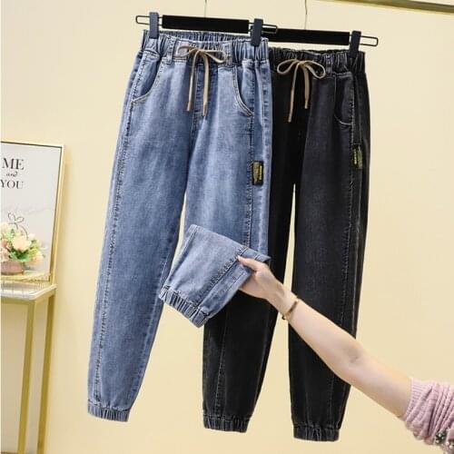 Pantalones de mujer women high waist denim jeans stretch lace-up elastic waist jeans boyfriend plus size loose harem pants