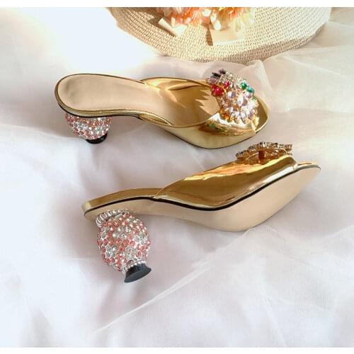 2019Beading Flower Embellished High Heel Slides Stylish Round Heel Designer Mules Summer Dress Shoes Women