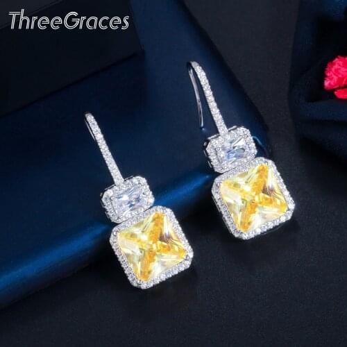 ThreeGraces Unique Yellow CZ Crystal Silver Color Geometric Square Dangle Earrings for Women New Fashion Party Jewelry ER559