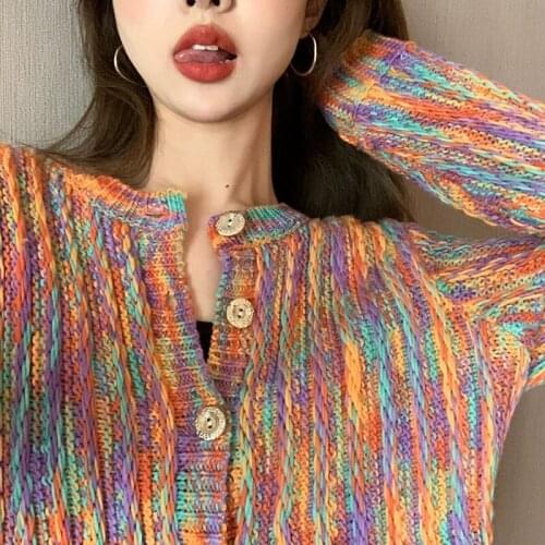 Ladies Colorful Dizzy Hit Color O-neck Sweater Cardigan Short Top Women Casual Loose All-match Knit Sweater Shawl Outside Autumn