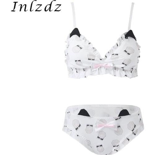Womens Girls Lingerie Set Paw Print Bowknot Pleated Trimming Erotic Sexy Suit Removable Padded Sissy Bra with Briefs Underwear