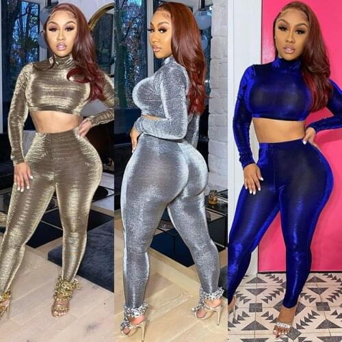 Plus size womens suit tight-fitting long-sleeved high-neck sexy two-piece suit