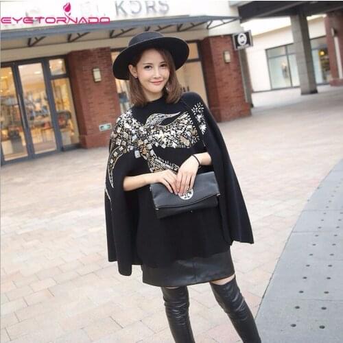 Women Phoenix Beadings Sequined Knitted Sweater Wool Cape Autumn Batwing Sleeve Casual Cloak Loose Oversize Coat Poncho Outwear